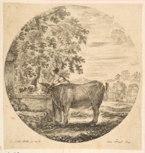 A peasant woman with a cow at a fountain decorated with the Medici arms, from 'Six animal subjects' (Six sujets d'animaux) MET DP817925