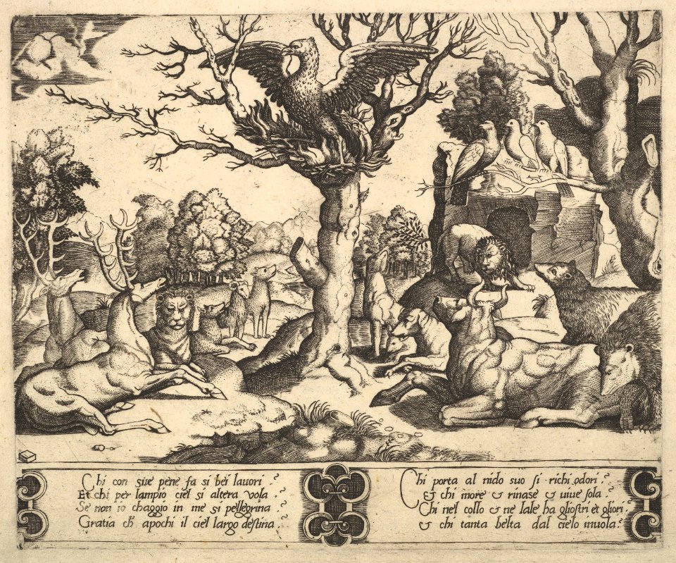 A phoenix sat atop a tree, wings open, an assortment of animals below MET DP824468