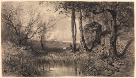 A Pond with a Fisherman along the River Ain MET DP312771