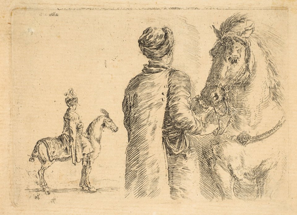 A Polish groom, from the back, holding a horse by the bridle MET DP817584
