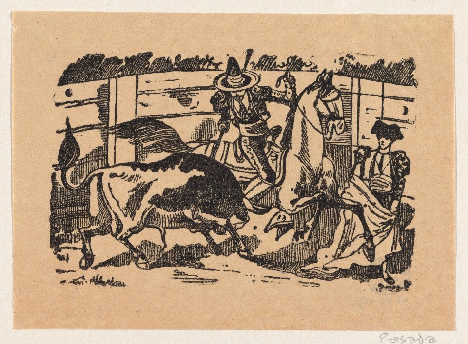A picador on horseback stabbing a bull MET DP869248-1