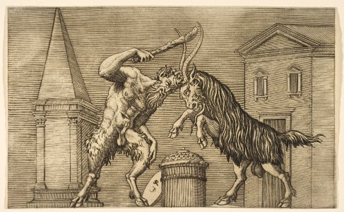 A satyr and a ram attacking each other, the satyr weilding a club with his right hand, a shield resting against a small column at center, buildings in the background MET DP818612