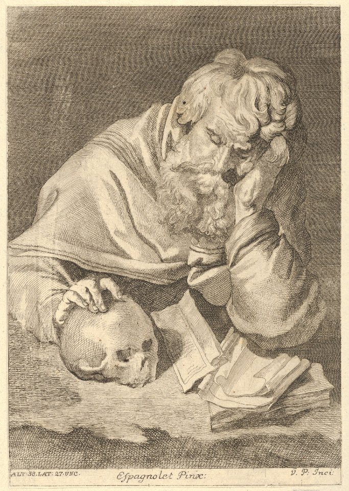 A saint seated at a table with his right hand resting on a skull, from a portfolio of reproductions of the Imperial Gallery of Paintings in Vienna; plate 33 of the series MET DP836609
