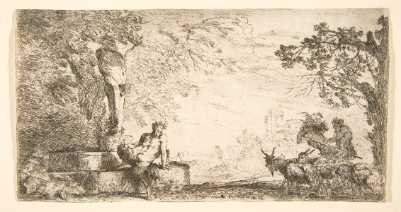 A satyr reclining at the foot of a staute of Priapus, goats at the right MET DP816374