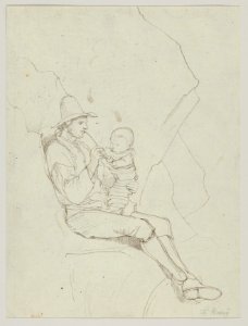 A Seated Italian Shepherd with a Small Child on his lap; verso- A Southern Landscape with a Woman Carrying a Jar on her Head MET DP835625