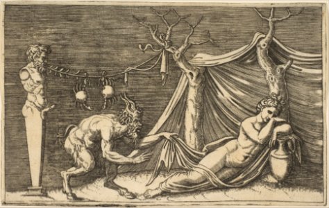 A satyr discovering a sleeping woman; two crabs hanging from a rope which is strung between a term and a tree MET DP818621