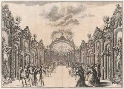 A sacrifice to the Olympian gods taking place at the end of a path lined with statues and foliage; set design from 'Il Fuoco Eterno' MET DP874714