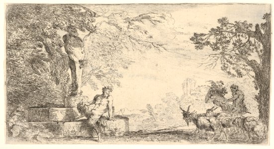 A satyr reclining at the foot of a staute of Priapus, goats at the right MET DP832028