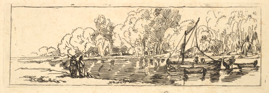 A Sailboat and Dingy on a River or Pond Watched by Two Figures on the Bank MET DP823317