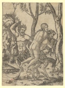 A satyr carrying a nymph on his back and another raising his right hand to slap her MET DP854064
