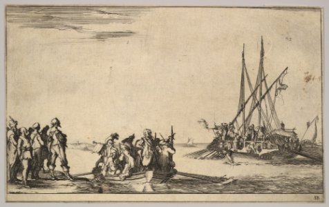 A rowboat full of men in center, a group of men standing on shore at left, a ship full of men, one firing a pistol, at right, from 'Set of eight nautical landscapes' (Suite de huit Marines) MET DP829697