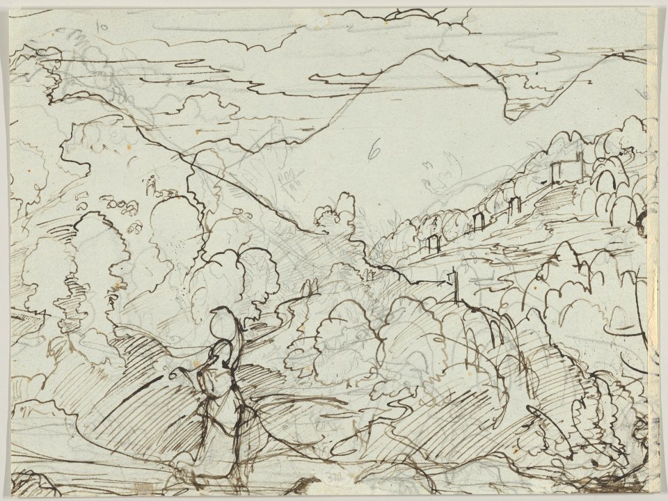 A Seated Italian Shepherd with a Small Child on his lap; verso- A Southern Landscape with a Woman Carrying a Jar on her Head MET DP835622