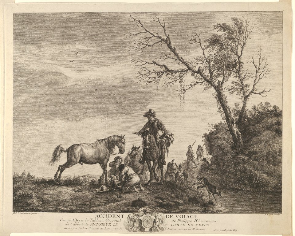 An accident while traveling, a kneeling man fixing a broken saddle, a horse pissing at the left MET DP837529
