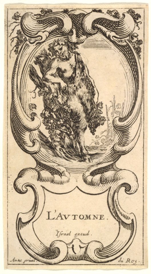 Autumn, a satyr with his right arm on top of a tree trunk on which a vine is growing and carrying grapes in his left hand, within a cartouche decorated with grapes, from 'The four Seasons' (Les quatre Saisons) MET DP833154