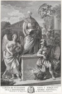 Allegorical portrait of Carlos III standing on a pedestal flanked by figures (War and Peace?) MET DP876090