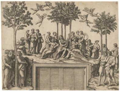 Apollo sitting on Parnassus surrounded by the muses and famous poets MET DP858520