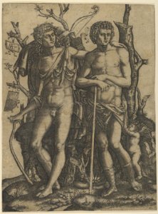 Apollo standing at the left, his hand resting on the shoulder of Hyacinthus, Cupid in the lower right MET DP853530