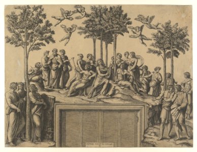 Apollo sitting on Parnassus surrounded by the muses and famous poets MET DP854160