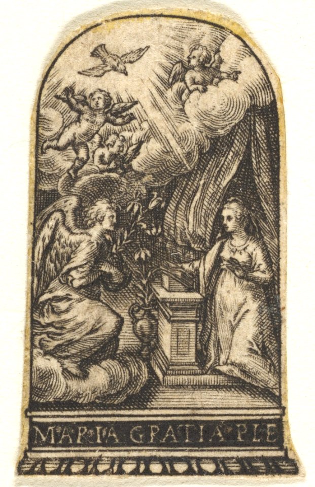 Annunciation, Mary kneels at a lectern as Gabriel approaches on a cloud from the left, with the dove of the Holy Spirit above, trimmed from an engraving showing decorations for thimbles MET DP828345