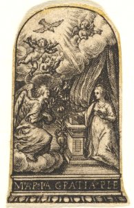 Annunciation, Mary kneels at a lectern as Gabriel approaches on a cloud from the left, with the dove of the Holy Spirit above, trimmed from an engraving showing decorations for thimbles MET DP828345