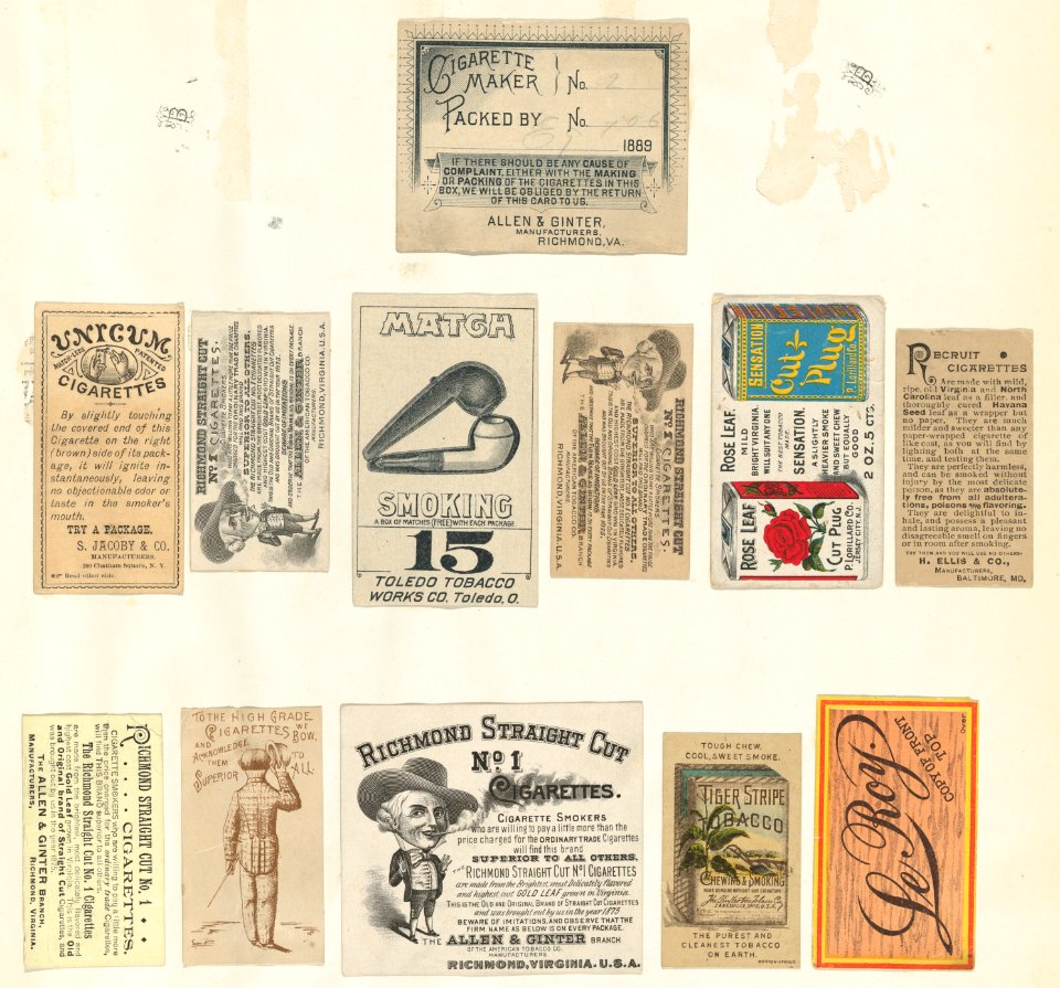 Album page with twelve tobacco coupons and labels MET DPB870041
