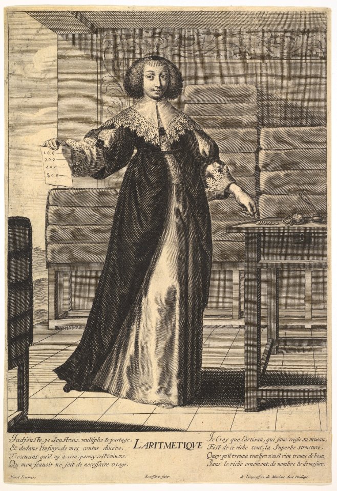 Arithmetic- a young woman standing at a table, holding a sheet with inscribed numbers in her right hand, in a decorated interior, from the series 'The liberal arts' (Les arts liberaux) MET DP829048