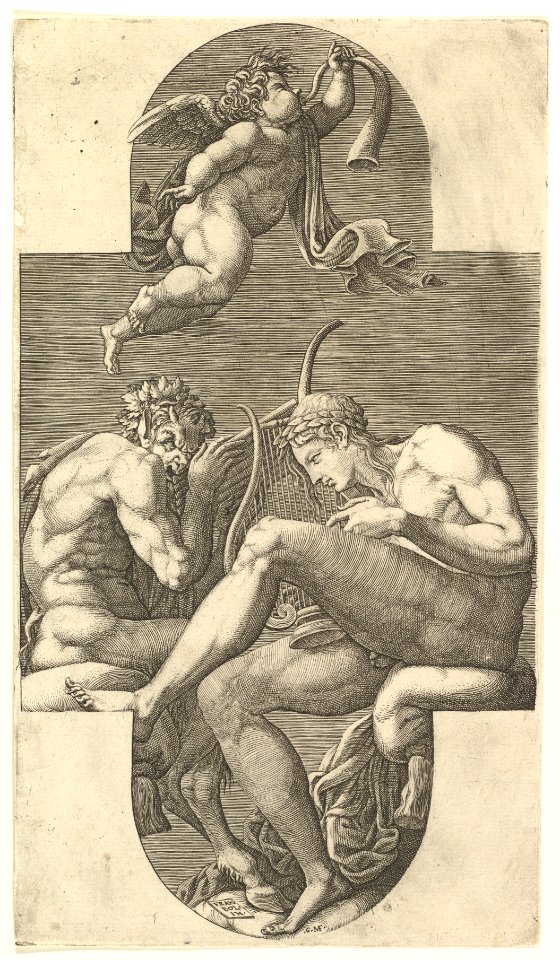 Apollo, Pan, and a Putto Blowing a Horn, a cruciform composition, from a series of eight compositions after Francesco Primaticcio's designs for the ceiling of the Gallery of Ulysses (destroyed 1738-39) at Fontainebleau MET DP821273