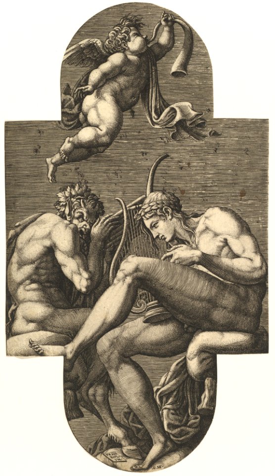 Apollo, Pan, and a putto blowing a horn, from a series of eight compositions after Francesco Primaticcio's designs for the ceiling of the Ulysses Gallery (destroyed 1738-39) at Fontainebleau MET DP821336