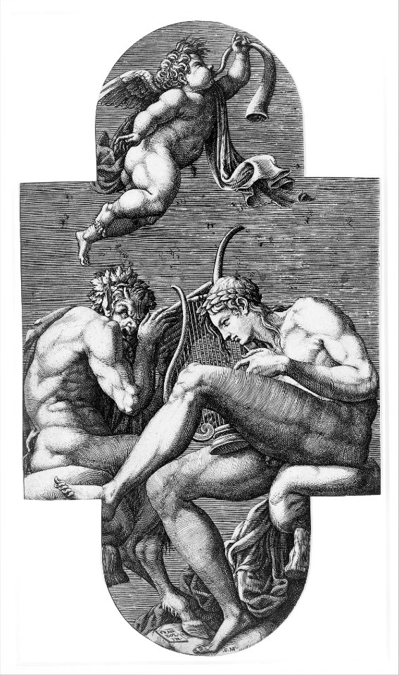 Apollo, Pan, and a putto blowing a horn, from a series of eight compositions after Francesco Primaticcio's designs for the ceiling of the Ulysses Gallery (destroyed 1738-39) at Fontainebleau MET 271367