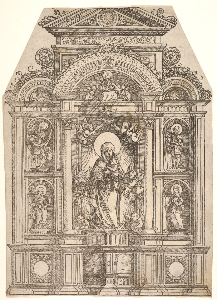 Altarpiece with the Beautiful Virgin of Regensburg and Saints Christopher, Mary Magdalen, Florian and Catherine Standing in Niches, with God the Father Above MET DP833056