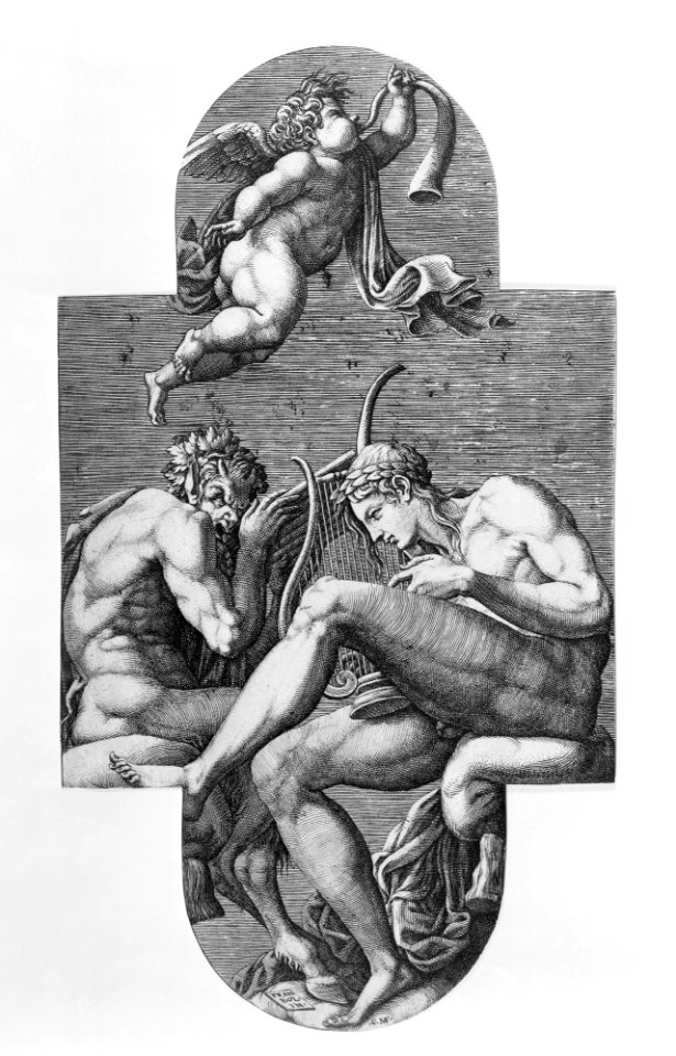 Apollo, Pan, and a putto blowing a horn, from a series of eight compositions after Francesco Primaticcio's designs for the ceiling of the Ulysses Gallery (destroyed 1738-39) at Fontainebleau MET MM20346