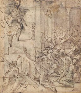 Apparition of Christ (recto); Printed Fragment with Jupiter Enthroned with Eagle, from Caraglio's Martyrdom of Saint Peter and Saint Paul (verso). MET 65.112.2 RECTO