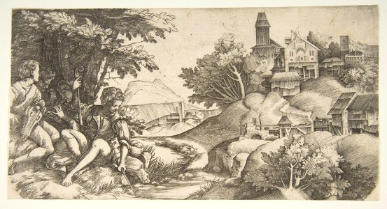 At left four shepherds with musical instruments seated under a group of trees; at right a hilly landscape with buildings MET DP813977