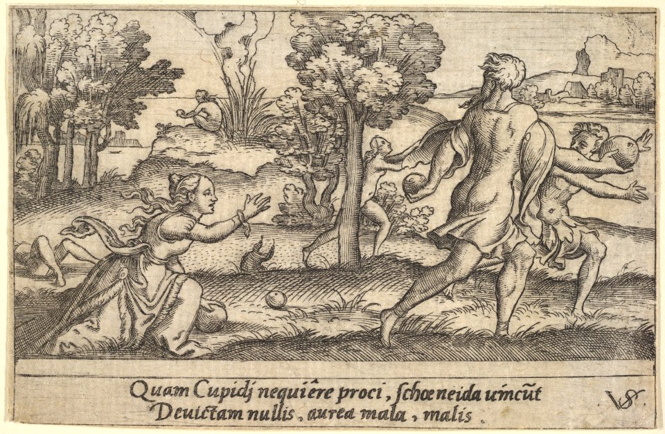 Atalanta and Hippomemes, in the foreground Atalanta kneeling to pick up an apple and Hippomemes running with an apple in either hand, in the landscape background Atalanta running, from a series of four mythological scenes MET DP828528