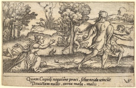 Atalanta and Hippomemes, in the foreground Atalanta kneeling to pick up an apple and Hippomemes running with an apple in either hand, in the landscape background Atalanta running, from a series of four mythological scenes MET DP828528