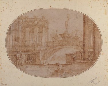 Architectural Perspective for a Stage Set with a Bridge, Statues and a Fountain in the Background and Human Figures in the Foreground MET 49.19.64