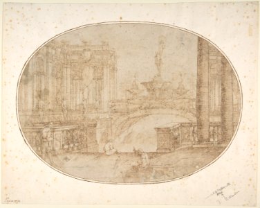 Architectural Perspective for a Stage Set with a Bridge, Statues and a Fountain in the Background and Human Figures in the Foreground MET DP808039