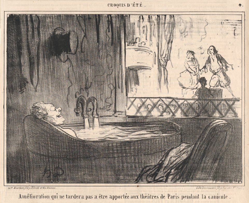 Amélioration qui ne tardera pas a être apportée aux théâtres de Paris pendant la canicule., from Croquis d'Été, published in Le Charivari, August 16-17, 1859 MET DP876786