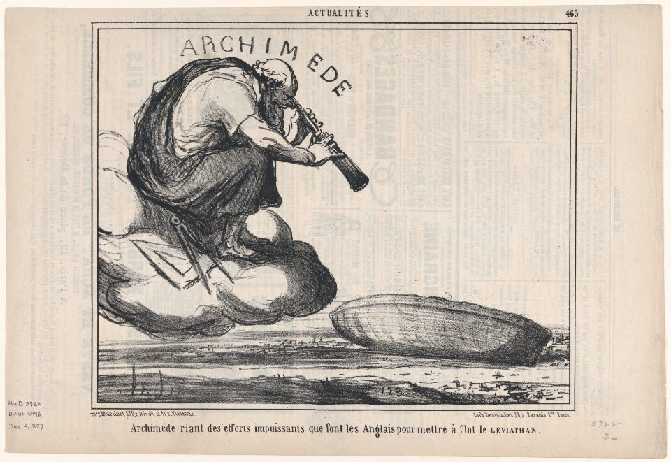 Archimède riant des efforts impuissants que font les Anglais pour mettre à flot le Leviathan, from Actualités, published in Le Charivari, December 5, 1857 MET DP876674