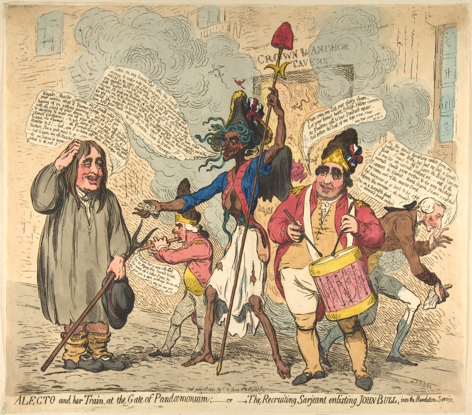 Alecto and Her Train, at the Gate of Pandaemonium-–or–The Recruiting Sarjeant Enlisting John Bull, Into the Revolution Service MET DP808151