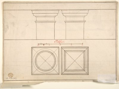 Architectural Perspective Study Showing Two Column Bases (Recto); Architectural Perspective Study Showing Column Capital and a Measurement Key (Verso) MET DP802724