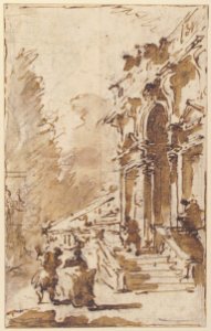 Architectural Capriccio- Garden Entrance to a Palace (recto); Three Masked and Costumed Figures and Other Figure Studies (verso) MET 37.165.81 RECTO