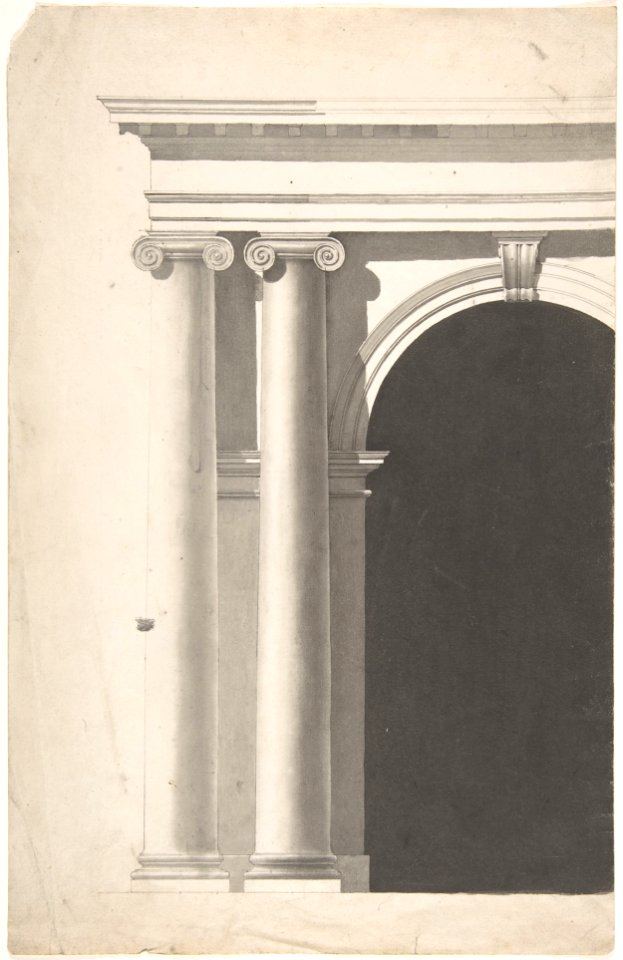 Architectural Portal with Paired Planking Ionic Columns (only left-hand columns and part of arched opening shown) MET DP806376