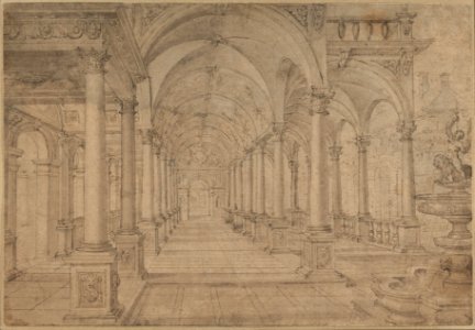 Architectural Capriccio with an Arcade and Fountain in Point Perspective -Study for a Painting of John the Baptist before Herod- MET DP836399