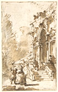 Architectural Capriccio- Garden Entrance to a Palace (recto); Three Masked and Costumed Figures and Other Figure Studies (verso) MET DP810412