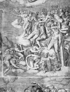 Angels Carrying Pillar with Saints Below (upper right section of the Last Judgment) MET MM55717