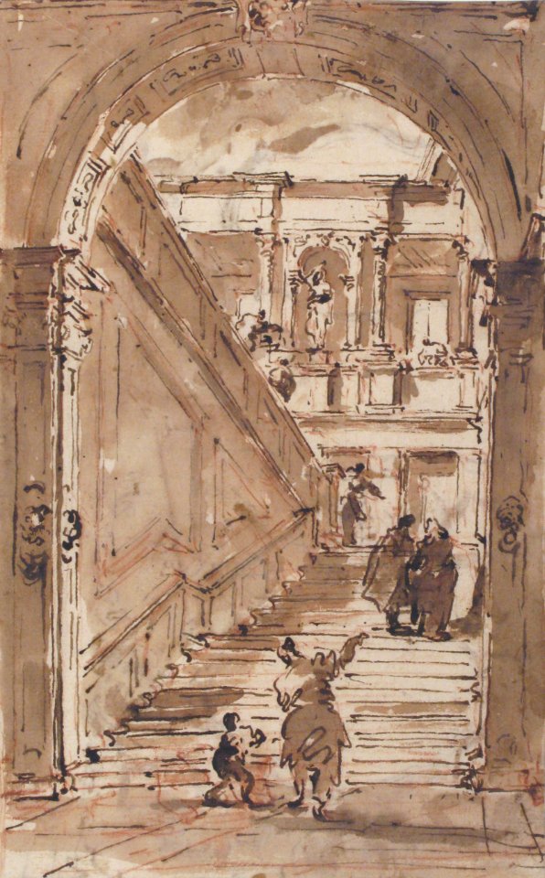 Architectural Fantasy- Figures on a Grand Staircase (recto); Studies for the Frame of a Shaped Field (verso) MET 37.165.86 RECTO