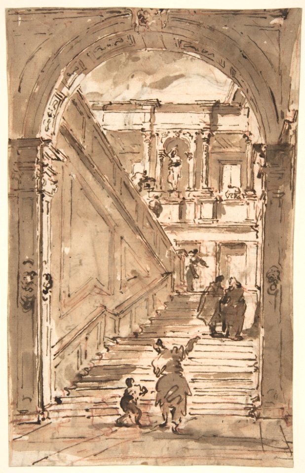 Architectural Fantasy- Figures on a Grand Staircase (recto); Studies for the Frame of a Shaped Field (verso) MET DP810420