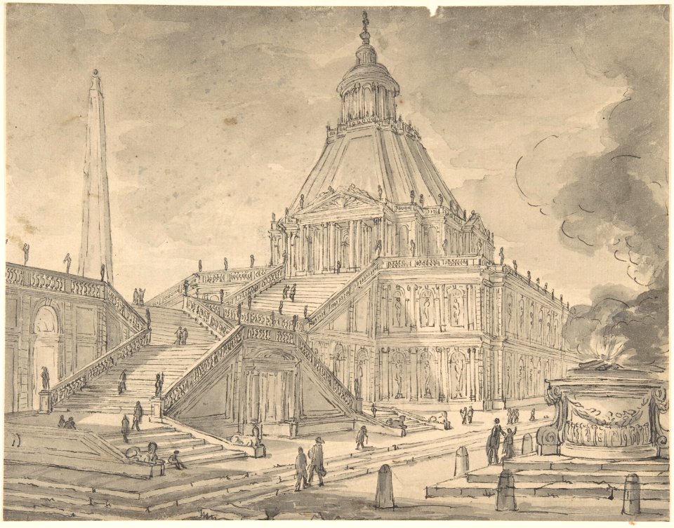 Architectural Fantasy- Temple-like Building with Colonnades, a Monumental Staircase, and a Burnt Offering (Sacrifice) in the Foreground MET DP803658