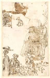 Architectural Capriccio- Garden Entrance to a Palace (recto); Three Masked and Costumed Figures and Other Figure Studies (verso) MET DP810413